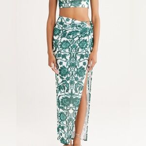 RUMER | Green Floral Side Tie Slit Maxi Skirt | Boho‎ Resort Summer Skirt Size S